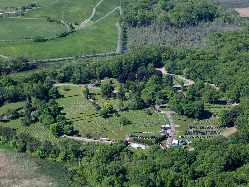 Aerial view of historic New England cemetery grounds