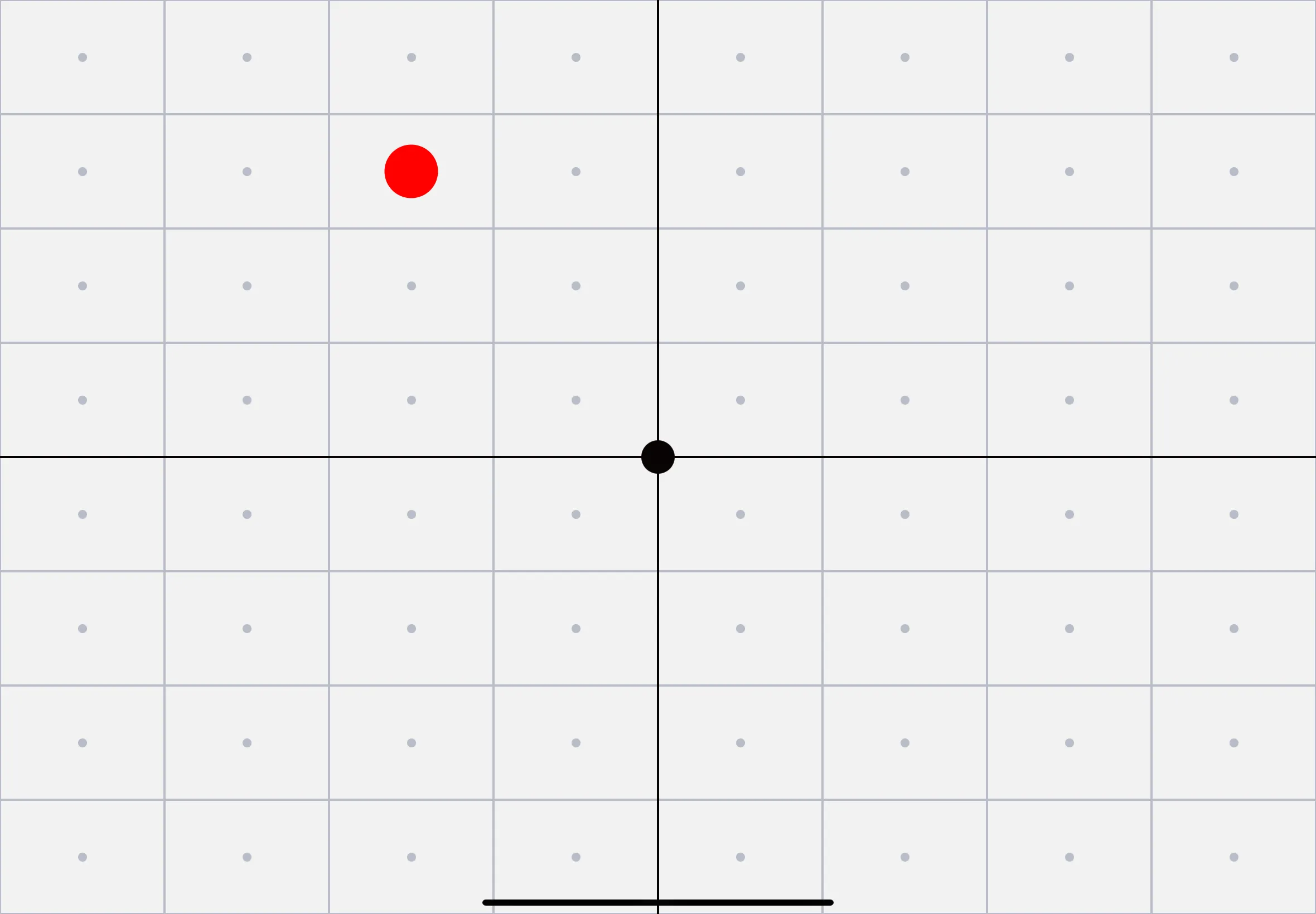 Saccades vision exercise showing red tracking target on a calibration grid