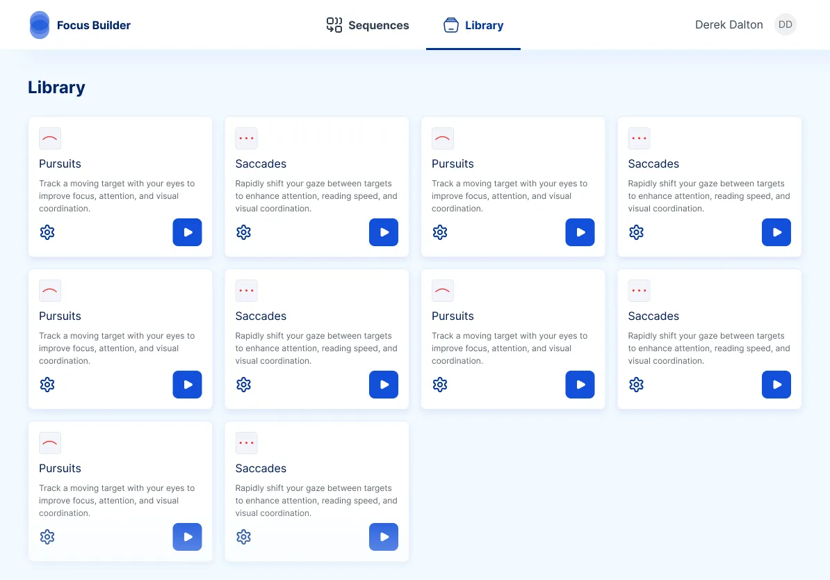 Focus Builder exercise library showing Pursuits and Saccades training cards