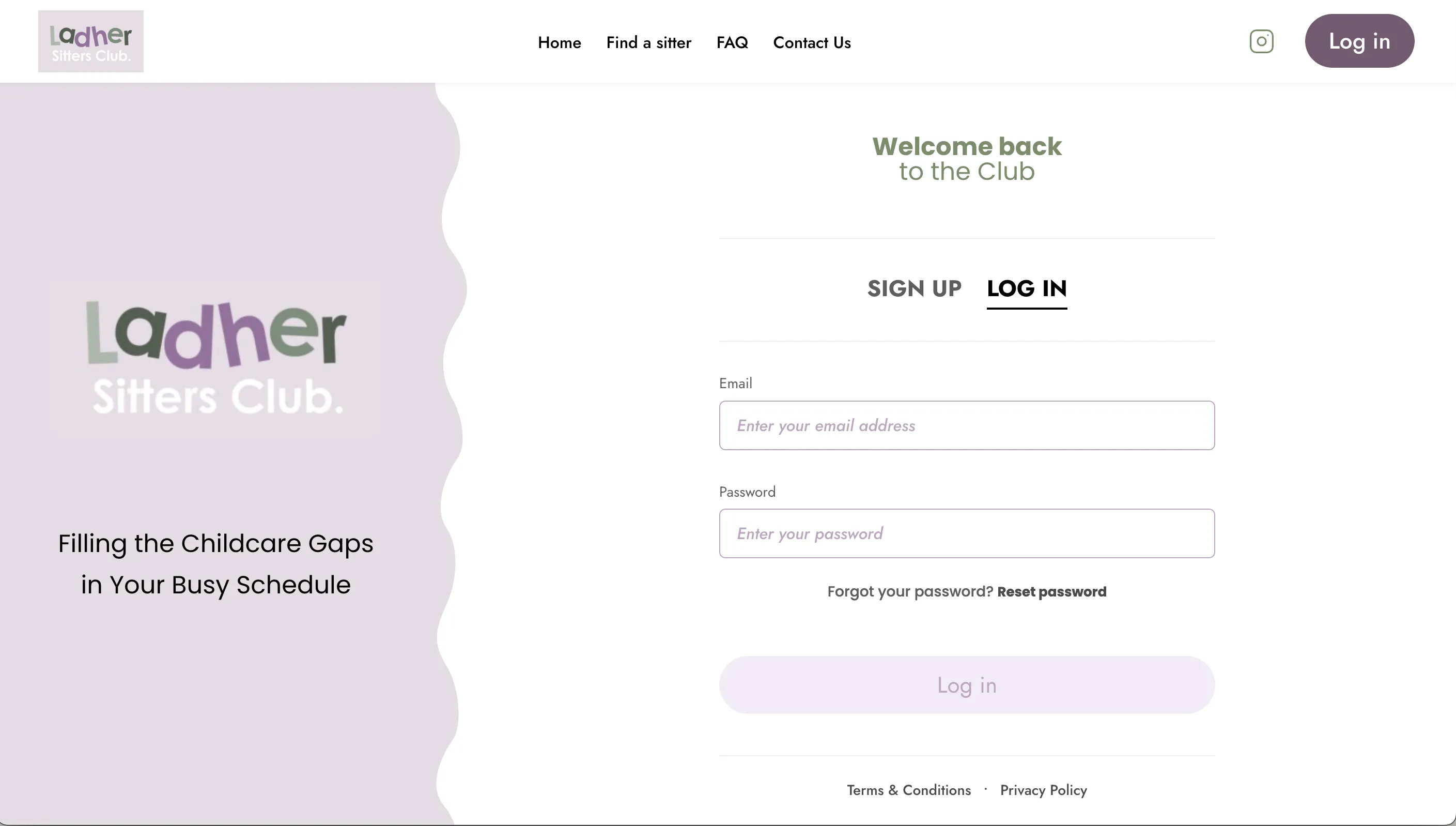 Ladher Sitters Club login page with branding