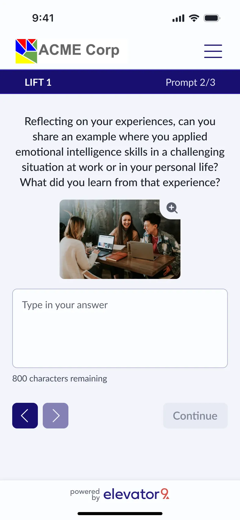 elevator9 mobile learner interface showing a learning prompt