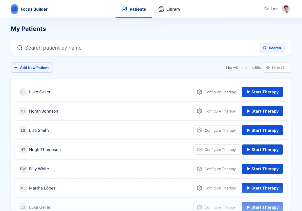 Practitioner patient management interface with therapy configuration and start options