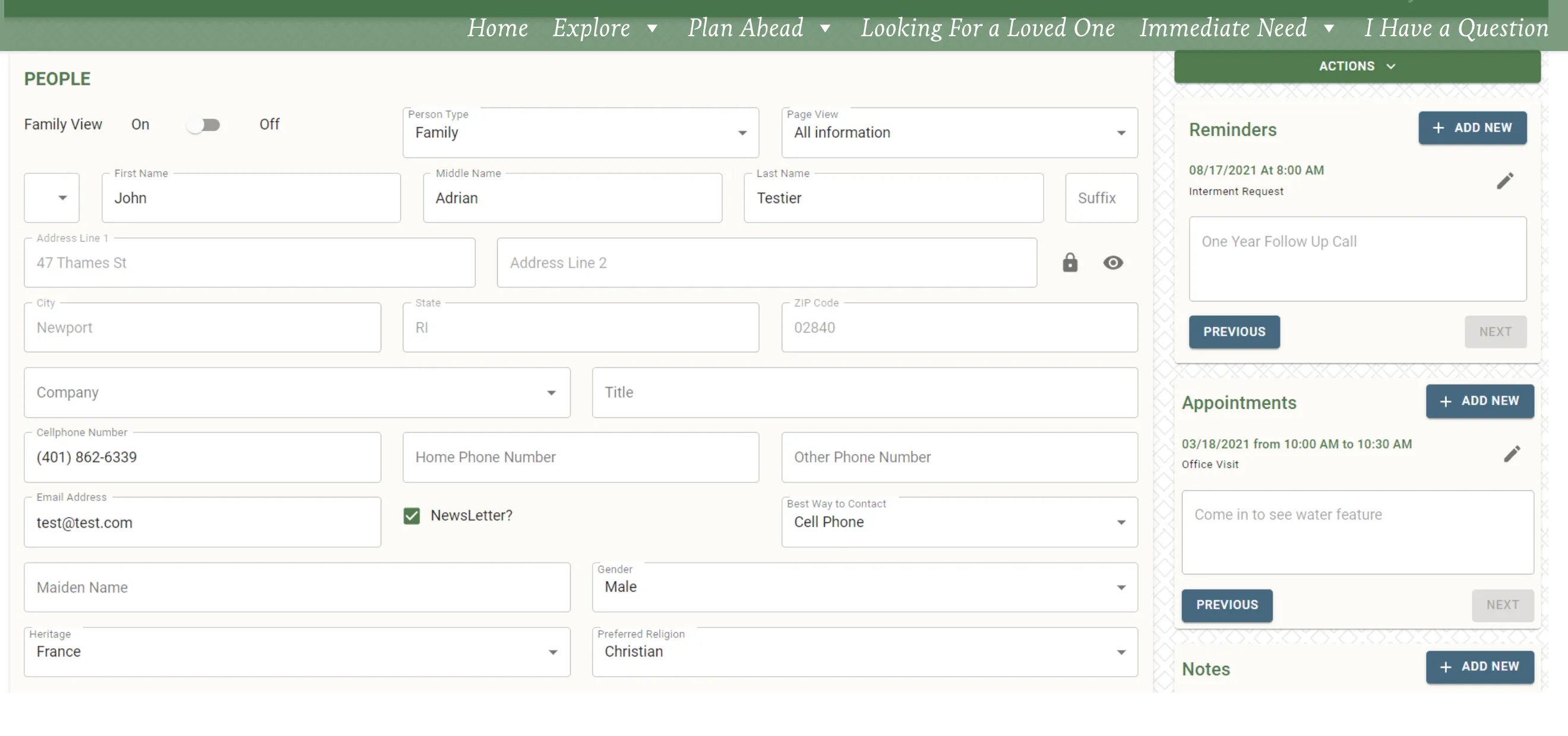 CRM people management interface showing contact details, reminders, and appointments