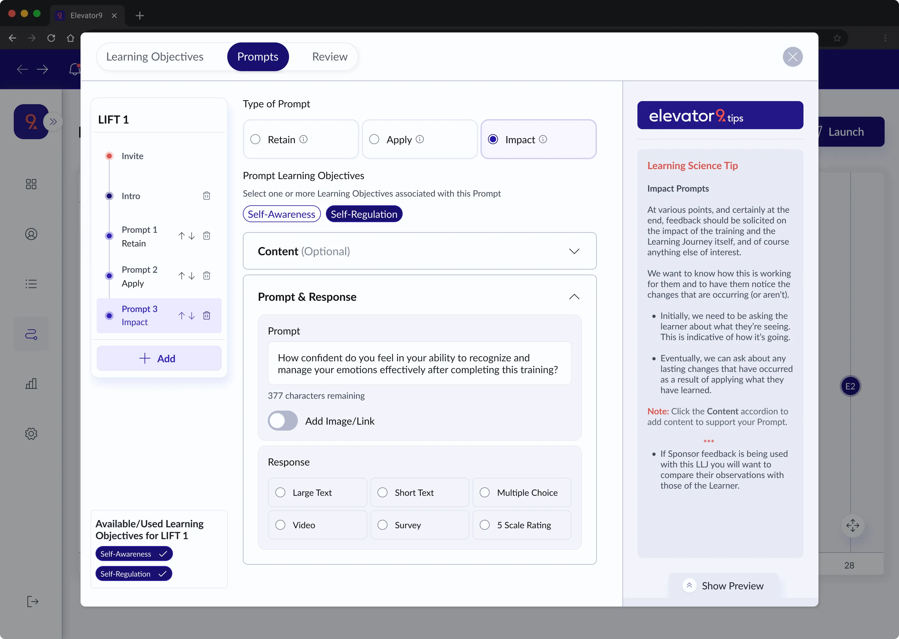 Prompt authoring interface with learning science tips and response type options