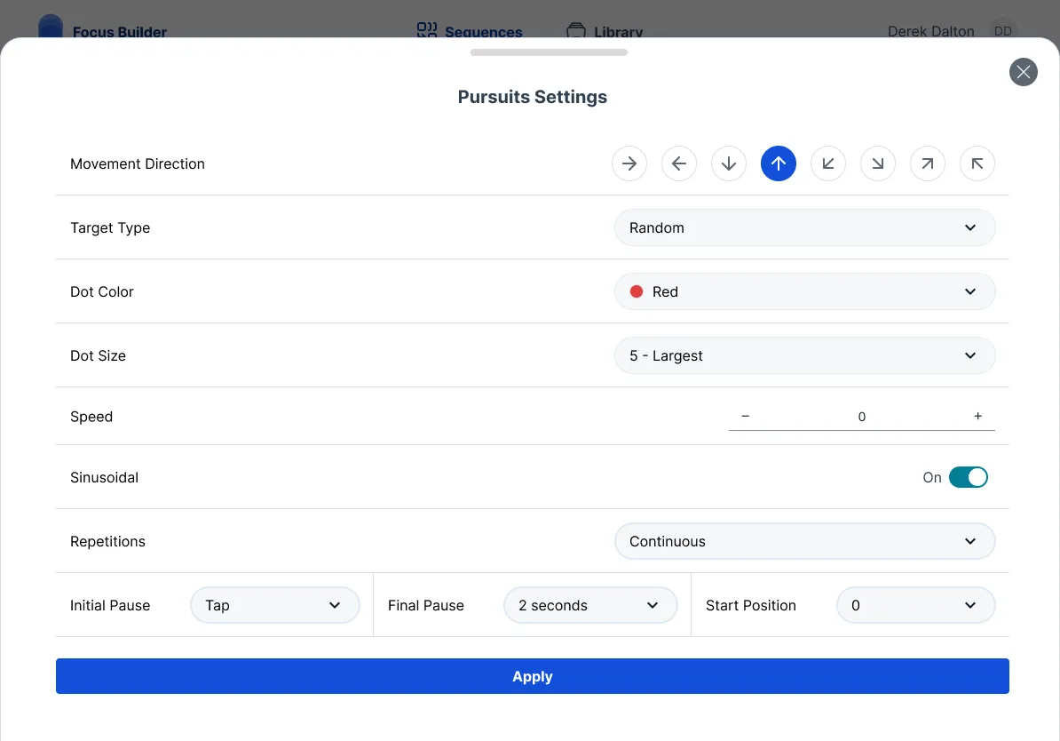 Pursuits exercise configuration modal with direction, speed, dot color, and repetition settings