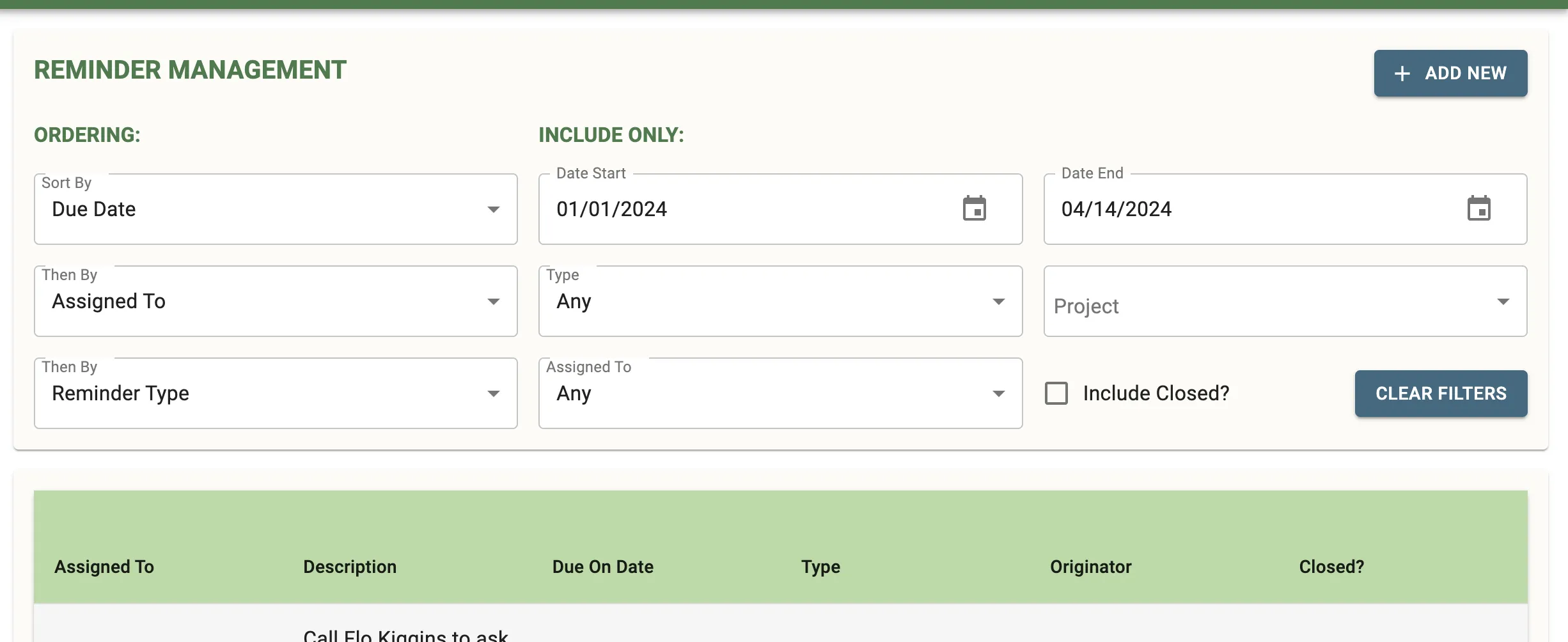 Reminder management interface for scheduling follow-ups