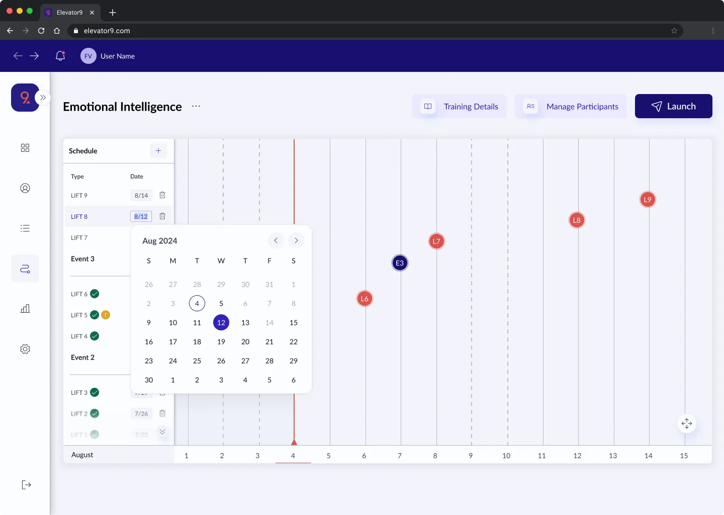 elevator9 scheduling interface showing learning journey timeline