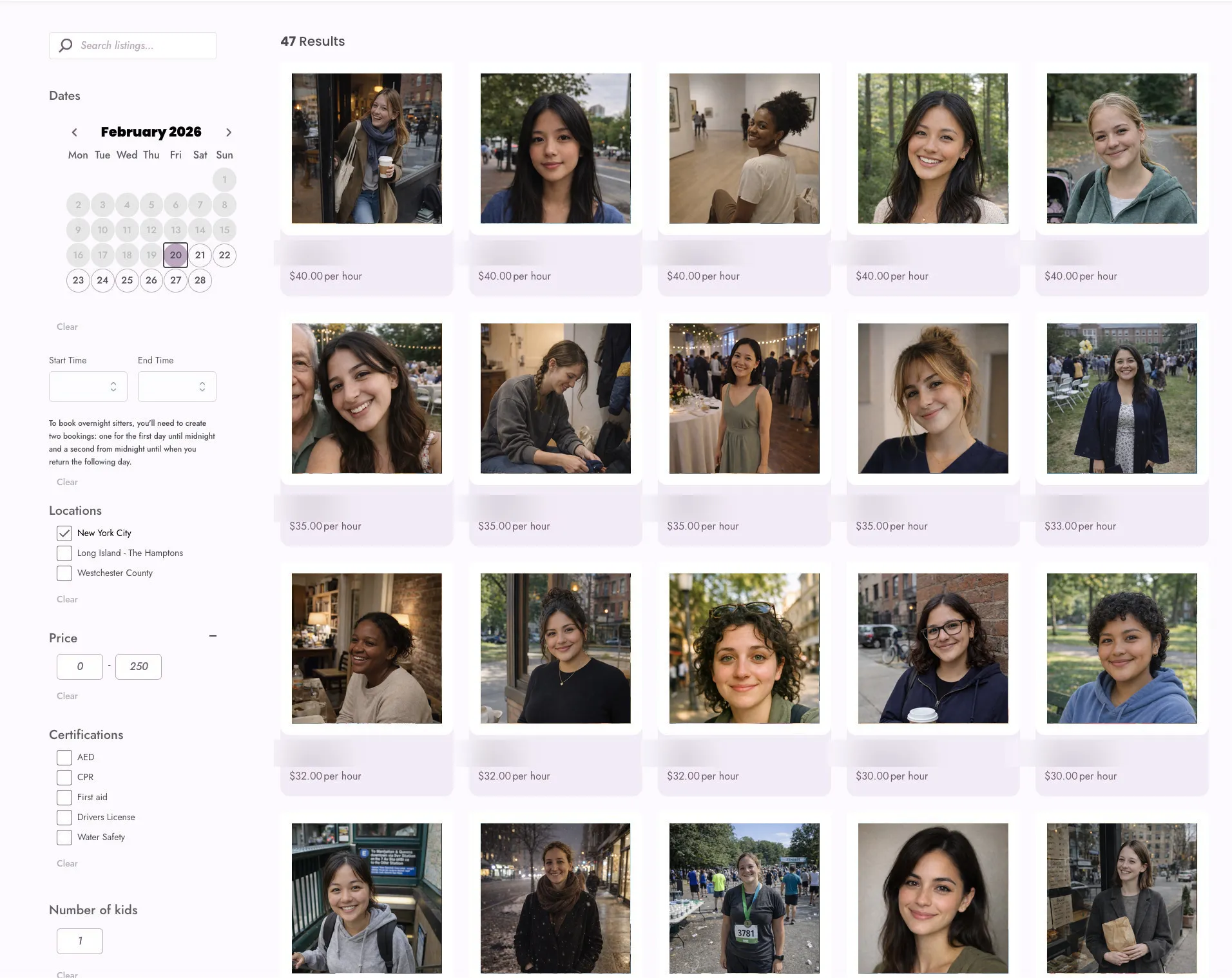 Ladher Sitters search results showing grid of available babysitters