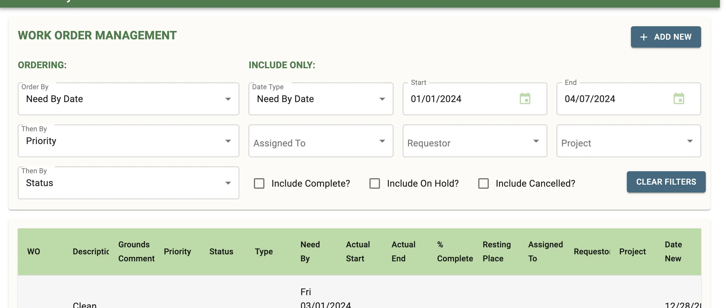 Work order management interface with filtering and tracking